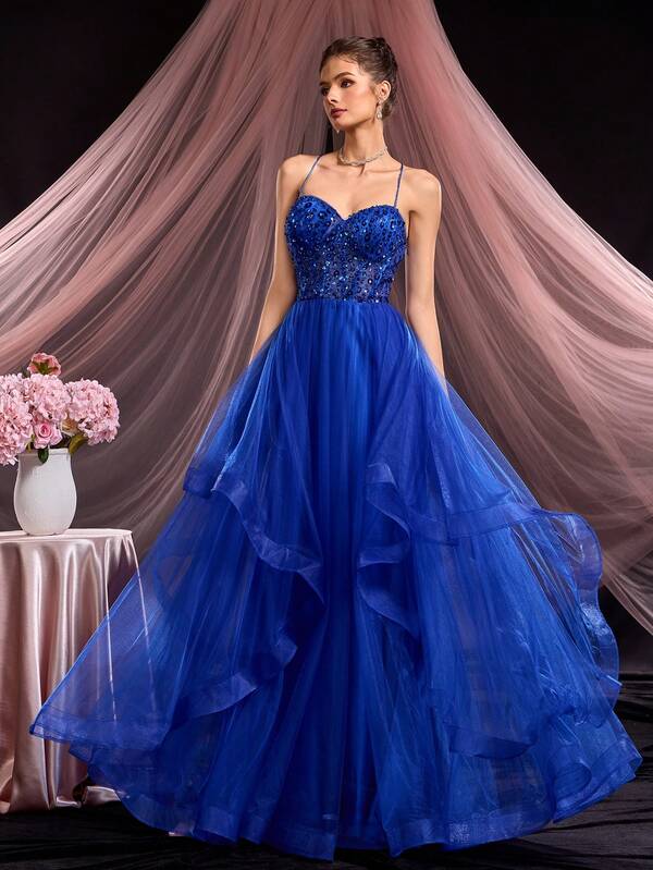 Elegant Blue Beaded Formal Dress, Shiny Formal Party Dress, Women's Formal Dress