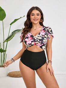 Bikini de Flores Mexicanas con Volantes Asimétricos | Traje de Baño en Rosa Fuerte/Verde – Estampado Artesanal para Vacaciones en la Playa y Fotos con Estilo Bohemio - Morado - Ver 3