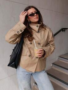 Abrigo de trinchera de mujer con cuello alto y doble botonadura en color caqui - Chaqueta de manga larga con bolsillos para uso diario, prenda exterior de moda para otoño e invierno