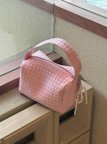 1pc Pink Floral Woven Pattern Handbag, Portable Cosmetic Organizer Pouch (No Pendant)