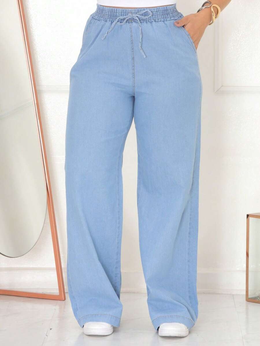 WOMEN'S JEANS PANTS WIDE LEG HIGH WAIST ELASTIC STRAP FUNCTIONAL POCKET Simple Pocket Drawstring - Màu xanh nhạt - Xem 1