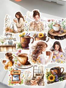 17/18 pezzi di adesivi colorati ad acquerello e pastello con cuori, ragazze floreali di primavera e motivi caffè, adesivi vintage con lettere scritte a mano per fai-da-te, scrapbooking, planner, taccuino, computer, articoli di cartoleria vintage, forniture scolastiche, ritorno a scuola