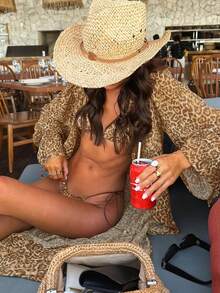 女士夏季性感豹纹露背比基尼三件套，优雅休闲时尚泳装，适合时尚海滩度假、泳池派对、旅行、节日装扮、日常穿着和新年服装 - 彩色 - 查看 2