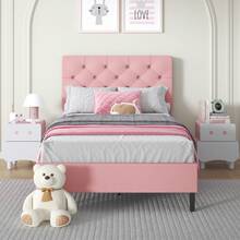 HOMBCK Bed Frame, Upholstered Platform Bed With Headboard, PU Leather Fabric Bed Frame, Button Tufted Design, Bed Frame Queen Full Twin , No Box Spring Required, Easy Assembly - Pink - View 1