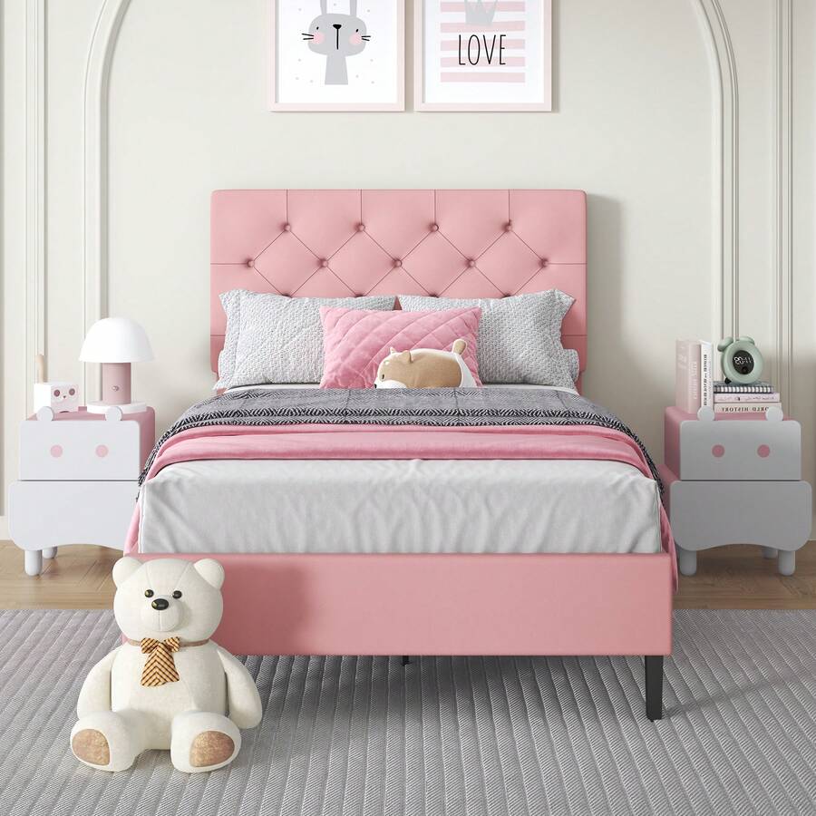 HOMBCK Bed Frame, Upholstered Platform Bed With Headboard, PU Leather Fabric Bed Frame, Button Tufted Design, Bed Frame Queen Full Twin , No Box Spring Required, Easy Assembly - Pink - View 1