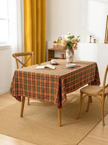 1pc Green & Orange Plaid Tablecloth With Golden Thread, Farmhouse Style Dining Table Cover, Polyester Material, Suitable For Kitchen, Dining Room And Christmas Decoration