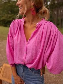 Women's Elegant Light Ruffle Sleeve Button Down Blouse, Spring Summer Loose Casual Chiffon Shirt With Pleated Bell Sleeves, Polyester Fabric, Classic Collar Design - Màu Hoa hồng đỏ - Xem 4