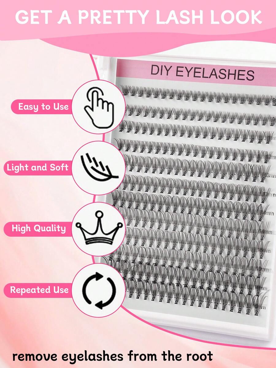 Pestañas en racimo 240 piezas 20D (9MM-16MM) Extensiones de pestañas individuales largas D Curl de mink falso en bandeja mezclada para extensión de pestañas DIY en casa en color negro 0.07