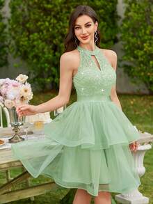 MIUSOL Đầm xòe nữ đính sequin hoa ren cổ yếm xếp tầng, viền lưới, trang phục mùa hè, đầm dự tiệc cưới, thích hợp cho kỳ nghỉ, tiệc sinh nhật, lễ tốt nghiệp, lễ hội và các dịp khác. - Màu xanh Bạc hà - Xem 5