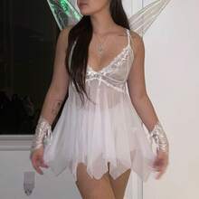 Halloween Fairy Costumes For Adult Cosplay Costume Women Lace Floral V-Neck See Through Lingerie Cami Dress + Fairy Wings 2Pcs Halloween Outfits Nightwear Party Clubwear - 白色 - 查看 1
