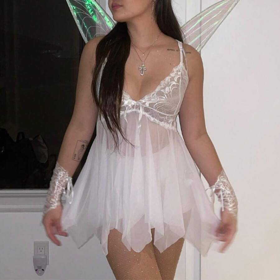 Halloween Fairy Costumes For Adult Cosplay Costume Women Lace Floral V-Neck See Through Lingerie Cami Dress + Fairy Wings 2Pcs Halloween Outfits Nightwear Party Clubwear - 白色 - 查看 1