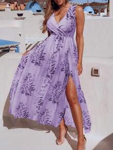 Vestido largo de verano con estampado floral, cuello en V, sin mangas, con abertura lateral para mujer - Boho, vacaciones, vestido de verano, boda, vestidos de vacaciones para mujer, Old Money, traje de San Patricio, vestido de Pascua para mujer, vestido escotado por detrás, atuendo de vaquera, vestido de novia - Morado - Ver 8