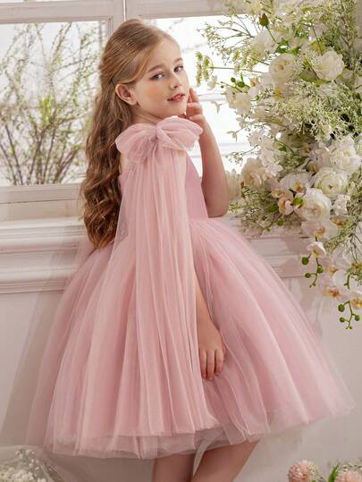 Vestido elegante de tul con lazo rosa para fiesta de Navidad, vestido de princesa adecuado para fiesta de cumpleaños de niñas, banquete, ocasión formal, vestido de niña de las flores para boda, Acción de Gracias, graduación