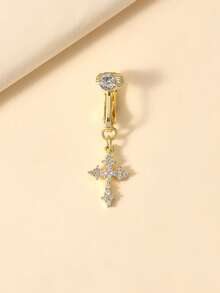 1Pc Fake Navel Ring Full Of Zirconia Cross Non-Real Navel Puncture Clip As A Gift For Women. - Yellow Gold - View 1