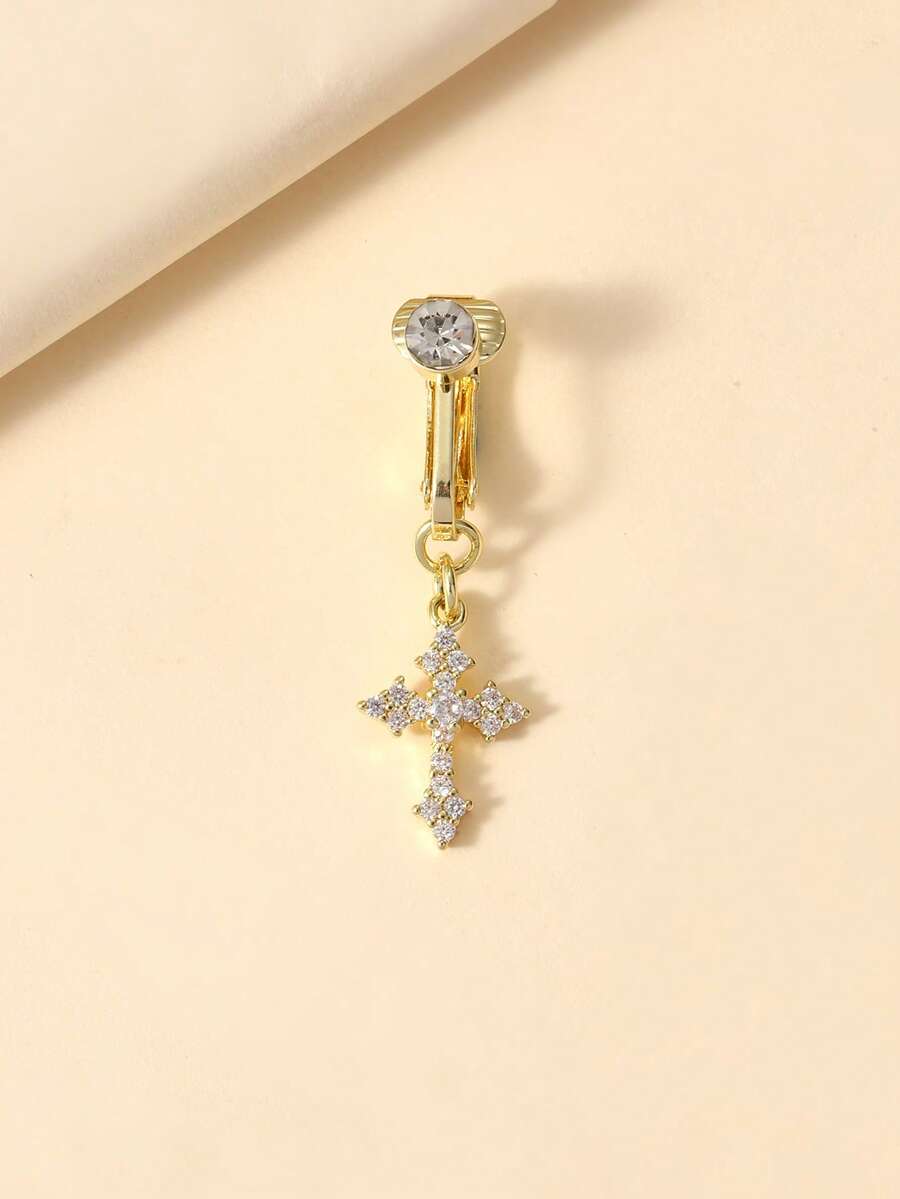1Pc Fake Navel Ring Full Of Zirconia Cross Non-Real Navel Puncture Clip As A Gift For Women. - Yellow Gold - View 1