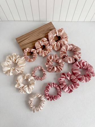 12个/套 女士缎面发圈，3种尺寸，高马尾扎发带，不伤发发饰