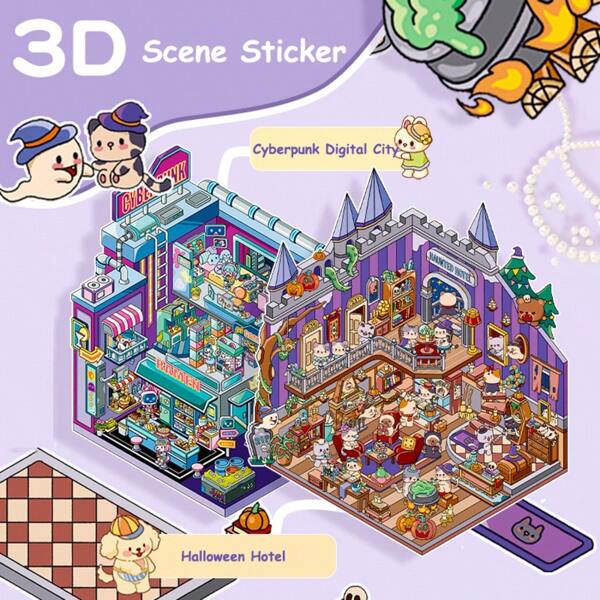 3D Miniature Scene Stickers, Halloween Hotel DIY House Stickers For Cyberpunk Digital City, Cute 3D Cartoon Sticker Scenes For Adult Kids Relief Stress Pass The Time
