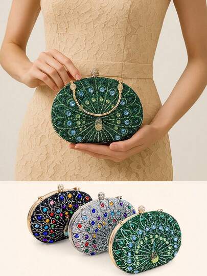 Pfau Strass-besetzte Clutch, europäischer und amerikanischer Strass-besetzter Stil Partytasche, Umhänge-Abendtasche. Eine stilvolle und elegante Damen-Abendclutch, die auch als Umhängetasche verwendet werden kann. Mit perlenverzierten Rücken- und Schulterketten ist die Tasche mit kleinen Strass-Steinen besetzt, glitzernd und äußerst auffallend. Geeignet für verschiedene Anlässe wie Partys, Veranstaltungen, Hochzeiten, Proms, Bälle, Bankette und Dates.