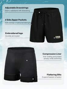 TURLAT 2 In 1 Mens Swim Trunks Quick Dry Beach Board Shorts With Drawstring And Zipper Pockets Comfy Summer - 黑色 - 查看 3