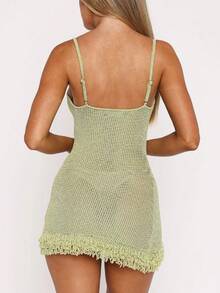 Women's Crochet Short Dress Hollow Out Spaghetti Strap Tassel Hem Bodycon Swimsuit Cover Up Summer  Knit Dresses - 綠色 - 查看 6
