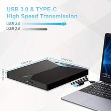 7 In 1 External CD DVD Drive With 4 USB A Ports And TF/SD Card Slots, USB 3.0 & Type CPortable CD/DVD Disk Drive Player Burner Reader Writer For Laptop Desktop PC Windows 11/10/8/7 Linux OS - Black - View 3