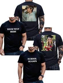 Customized Text Printed Plus Size T-Shirt For Men, Personalized Graphic Design, Plus Size Men's Apparel Customization, Loose Fit Plus Size T-Shirt For Summer, Upload Your Text/Birthday Wishes/Quotes, Round Neck Plus Size Short Sleeve Loose T-Shirt For Men, Holiday Gift, Birthday Gift Customization, Plus Size Men's T-Shirt, T-Shirt Graphic Customization, Summer Men's Plus Size Top Black - Black - View 2