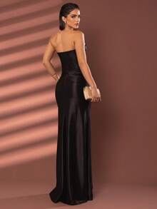LONG WEDDING PARTY DRESS FOR BRIDESMAID FASHIONISTA STRAPLES WITH SLIT - BLACK - View 2