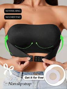 1pc Black Front Closure Strapless Underwire Padded Push Up Bra, Adjustable Straps Bust Support Bra, Suitable For Formal Wear - Black - View 1