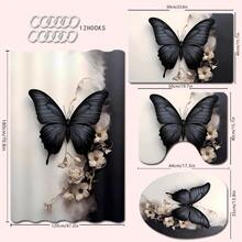 1/2/3/4pcs 3D Black & White Butterfly & Flower Theme Bathroom Shower Curtain Set, Including 12pcs Hooks, Bathroom Mat, U-Shape Toilet Lid Cover, Waterproof Shower Curtain, Fashionable Decoration For Bathroom, Modern Style Partition Curtain, No Drilling Required, Made Of Polyester, Machine Washable Home Bathroom Decor Summer