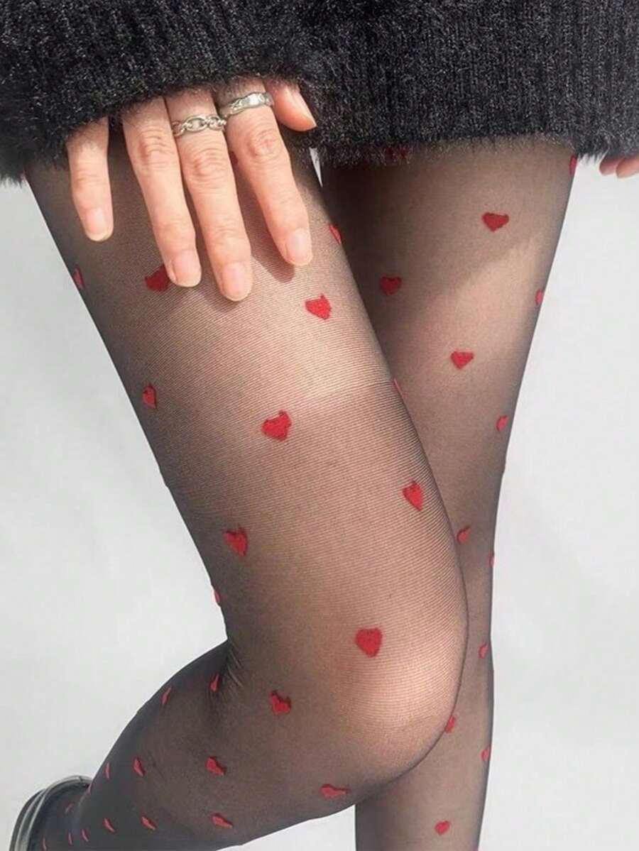 1 Pair Of Women's Red Small Heart Pattern Stockings, Sexy Hot Girl Black Stockings