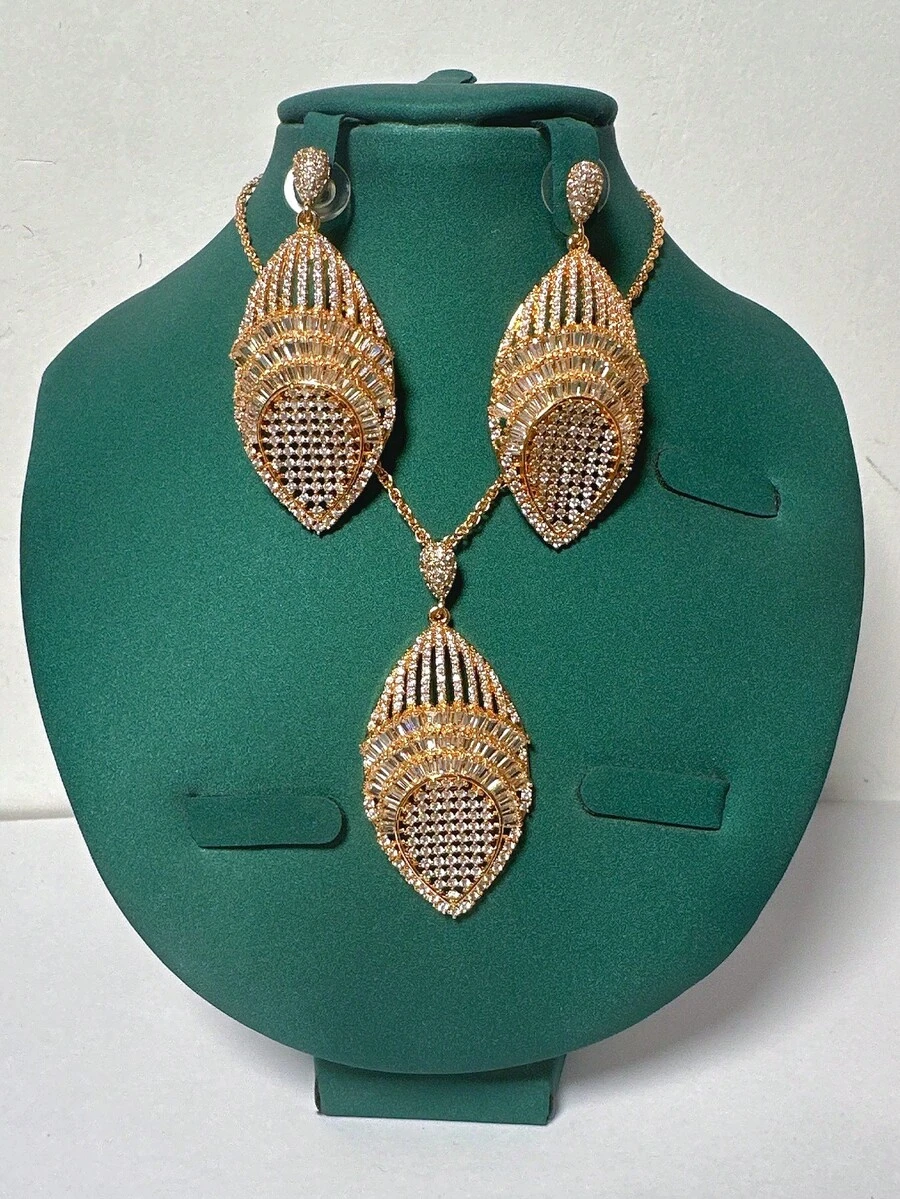 2pcs Copper Cubic Zirconia Leaf Design Gold Necklace And Earrings Jewelry Set, Copper With Zirconia Stone, Suitable For Women's Daily, Evening Party, Girlfriend Gift - Gold - View 1