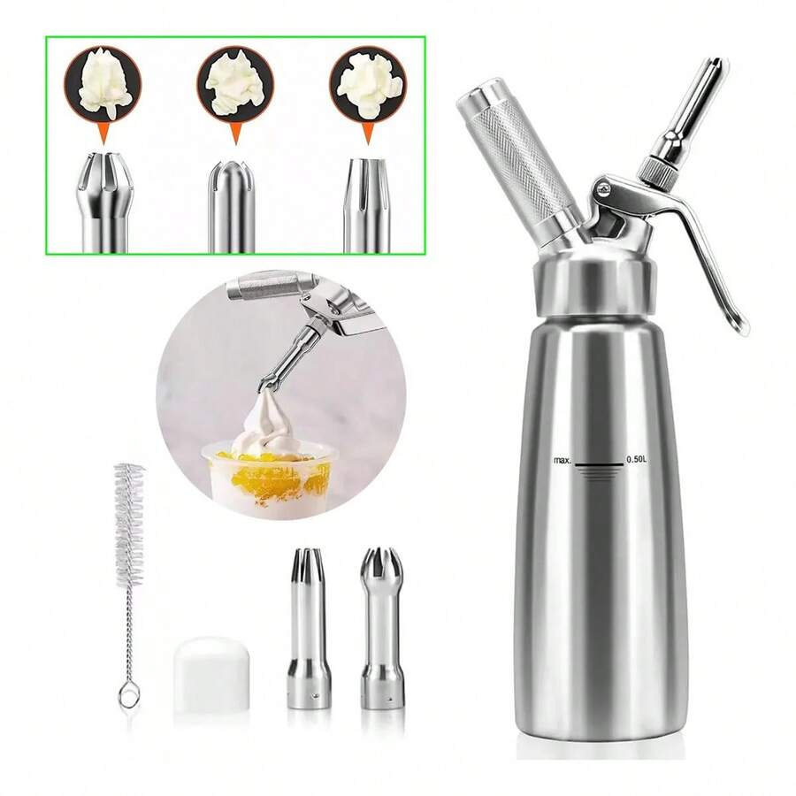 Dispensador de crema batida para repostería con sifón de cocina de 500 ml para decorar tartas de cumpleaños, pasteles, helados y postres.
