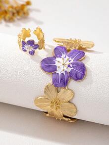 1 Set (1 Brazalete dorado y 1 Anillo grueso) Combinación de brazalete dorado con grabado floral vintage y anillo floral grueso, duradero para el verano, adecuado para uso diario de mujeres, vacaciones, reuniones y eventos - Morado - Ver 4