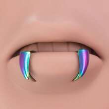 2 件夸张哥特式不锈钢假唇穿孔耳钉戒指，带尖齿设计，身体首饰 - 彩色 - 查看 8