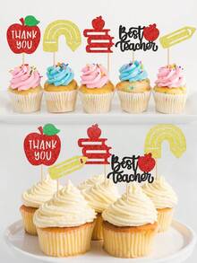 24pcs Back To School Teachers' Day Cupcake Decorations, Glitter Thank You Apple Pencil Stationery Cupcake Toppers, Suitable For Graduation Ceremony, Back To School, Baby Shower, Birthday, Anniversary, Thanksgiving Party Cake Decorations - Multicolor - View 1