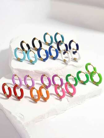 2/4/6pcs Set Enamel Teardrop Ear Clips, Stainless Steel Geometric Round Unique Vintage Style Earrings