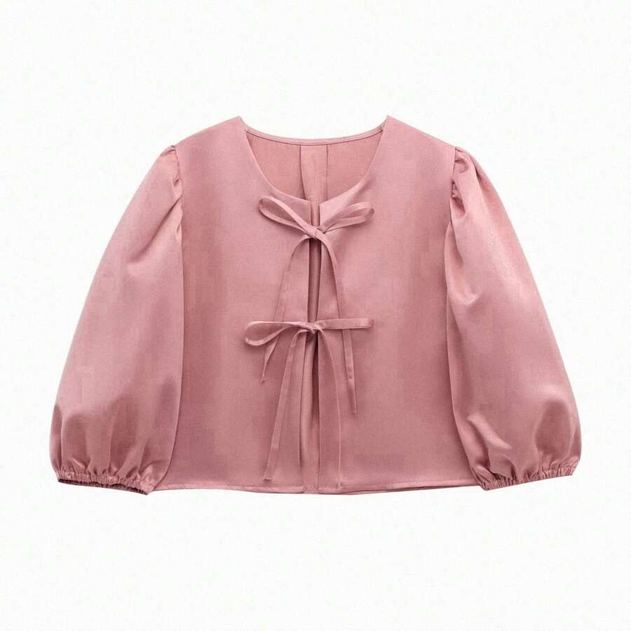 Braided Bow Strap Cute Commuter Lantern Sleeve Women's Top - Pink - View 1
