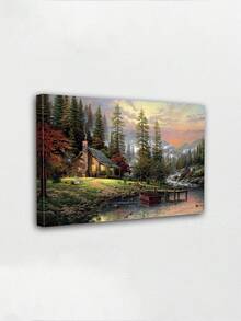 1pc Canvas Wall Arts Poster A Cabin By The Lake In A Lush Forest With A Warm Glow From The Windows, Perfect For Creating A Cozy And Inviting Atmosphere In Any Space, Optional Framed