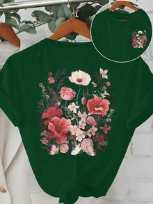 女士花卉印花圆领短袖休闲百搭T恤 - 墨綠色 - 查看 1