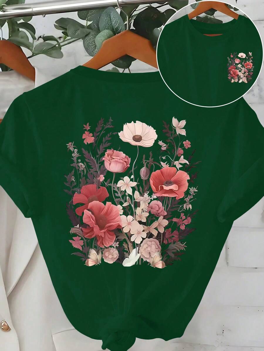 女士花卉印花圆领短袖休闲百搭T恤 - 墨綠色 - 查看 1