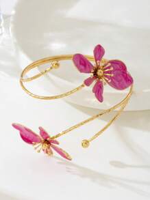1 pieza Pulsera brazalete abierta con cabezal doble, de aleación de hierro esmaltada con diseño floral, simple y elegante, para el Día de la Madre, fiestas y uso diario
