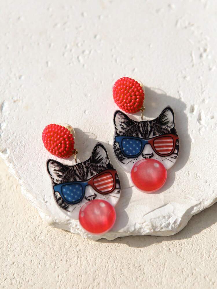 Pink Snail Funny Cute Statement Bubble Blowing Glasses Wearing Cat Design Acrylic Resin Drop Dangle Earrings For Women And Girls, Holidays, Valentines, Christmas, New Year, Birthday Gifts, Fashion Jewelry - Bubble Blowing Kitty Wearing Glasses - View 13