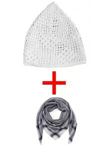 2 件阿拉伯风格男士头巾，中东风格头巾披肩，含 1 条纯色内围巾，涤纶波西米亚头巾，适合所有季节（默认内围巾有轻微瑕疵）