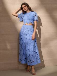 Elegant Fashion 2pcs/Set Women's Crop Top And A-Line Skirt Suit, Stylish And Youthful - Blue - View 7
