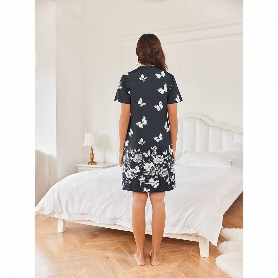 Local Delivery- Floral Print Nightgown Pleated Mumu Dress Womens Button House Dress - Butterfly - View 1