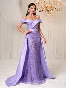 Elisanya Elegant Women Formal Evening Dress Ball Gown Night Dress Sequin Mesh Long Sleeve V Neck Floor Length Draped Prom Party Dress Wedding Guest Banquet Graduation Dinner Ceremony Celebration Ceremonial Dress - Mauve Purple - View 4