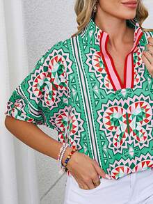 Boho Retro Vintage Viscose 90's Khaki Beige Apricot Ruffle V Neck Half Sleeve Loose Top Shirt Blouse - 綠色 - 查看 2