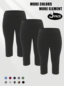 3条装加大码女式七分紧身裤 - 弹力高腰氨纶运动瑜伽裤，七分紧身短裤，加大码夏季紧身裤 黑色 - 黑色 - 查看 3