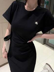 女式夏季天使图案褶皱休闲迷你连衣裙