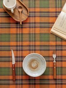 1pc Green & Orange Plaid Tablecloth With Golden Thread, Farmhouse Style Dining Table Cover, Polyester Material, Suitable For Kitchen, Dining Room And Christmas Decoration